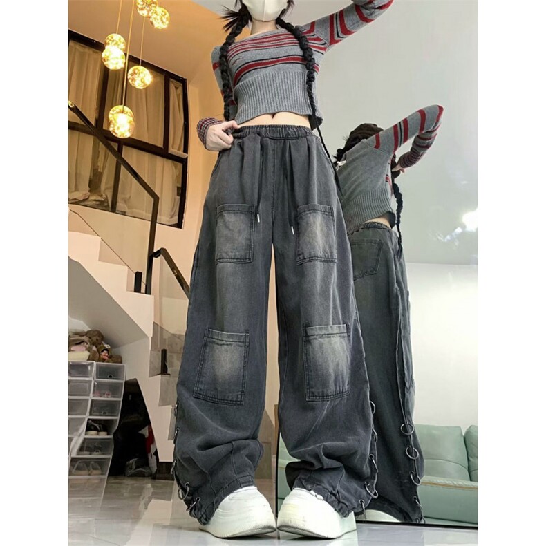 嘻哈潮牌高街拖地阔腿牛仔裤设计感宽松大码美式复古直筒工装长裤图片