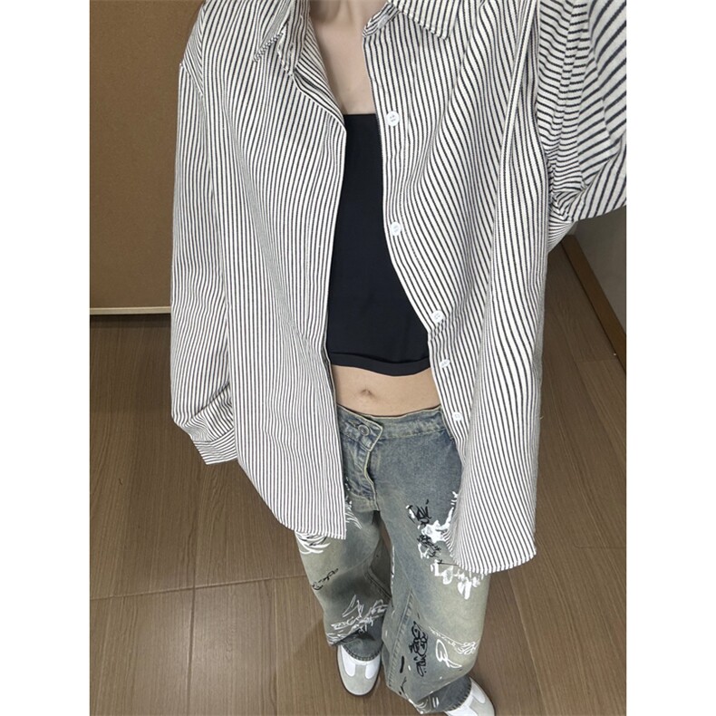 B221美式ins高街暗黑宽松条纹长袖衬衫SY2540-特P35控59,男装衬衫,电商B221