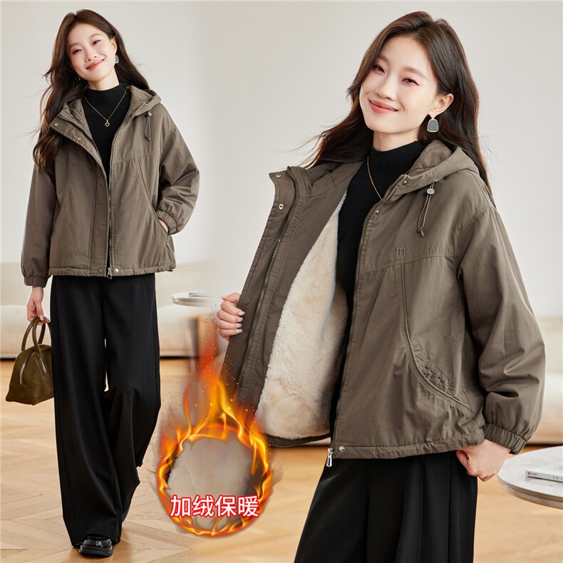现货2025冬装新款加绒加厚休闲精品女装棉衣棉服连帽派克服，女装派克服，木子恋