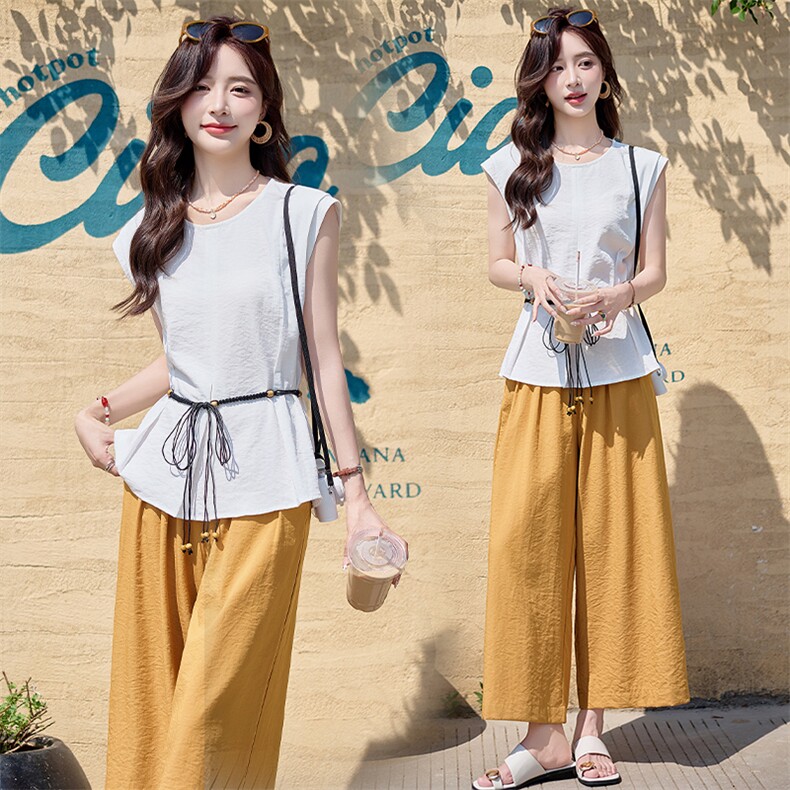 韩系休闲棉麻套装女2025夏新款减龄系带收腰无袖衬衫阔腿裤两件套，女装套装/套裙，依路服饰