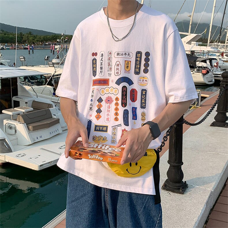 港风t恤男短袖潮流宽松复古吃货文字印花半袖体恤衫T100p35限49,男装T恤,电商A089-1