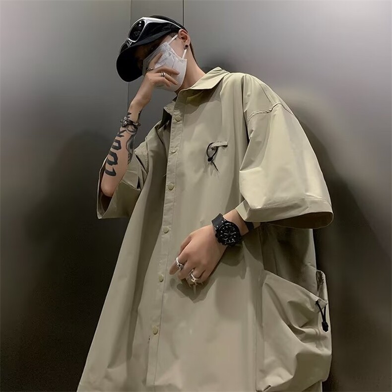 侧边大口袋工装衬衣男原宿风慵懒ins穿搭半袖衬衫外套TQ36-P33图片