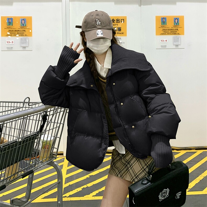 黑色短款羽绒服女2024冬季新款加厚白鸭绒面包服外套图片