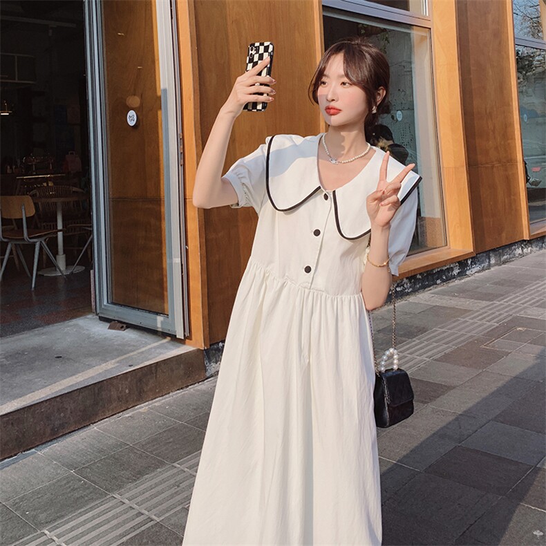 日系甜美白色娃娃领连衣裙女春夏2025年新款女装温柔风气质长裙仙,女装连衣裙,2C037