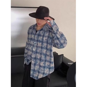 复古高级感扎染格子长袖衬衫男痞帅慵懒风春秋衬衣外套 C544图片