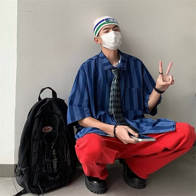 牛仔衬衫男韩版潮流条纹撞色高街帅2026夏季ins短袖外套CY214-P60，男装衬衫，星座412