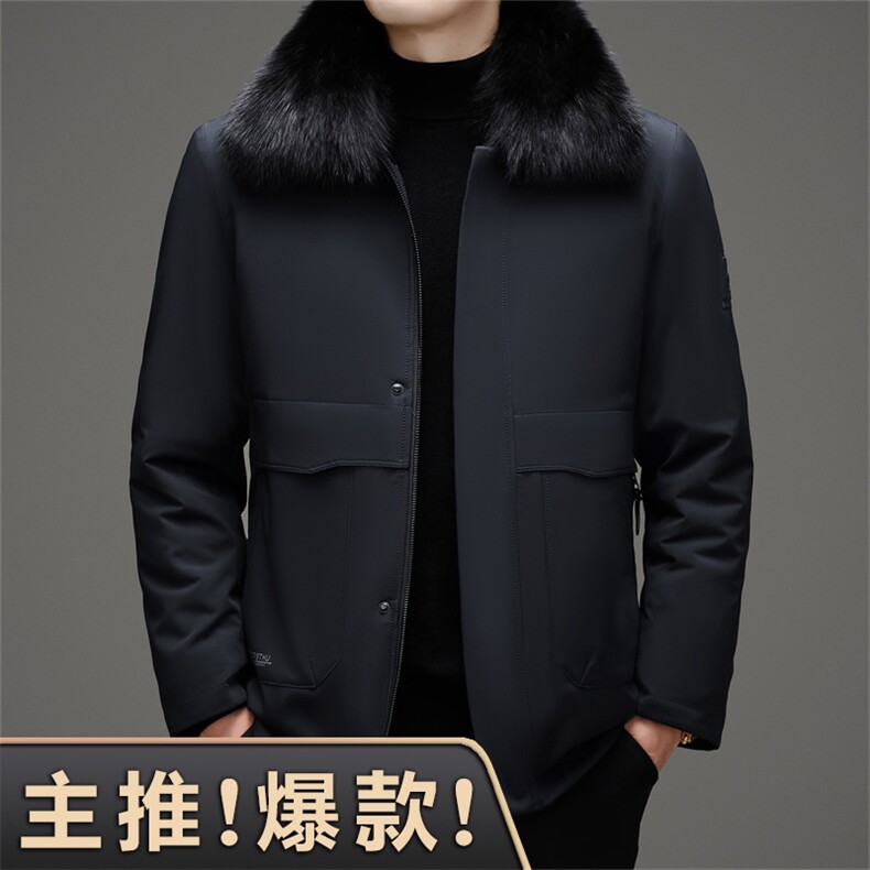 鹅绒兔毛内胆派克服男士大毛领皮草中老年脱卸狐狸毛领羽绒服外套，男装羽绒服，钱塘723