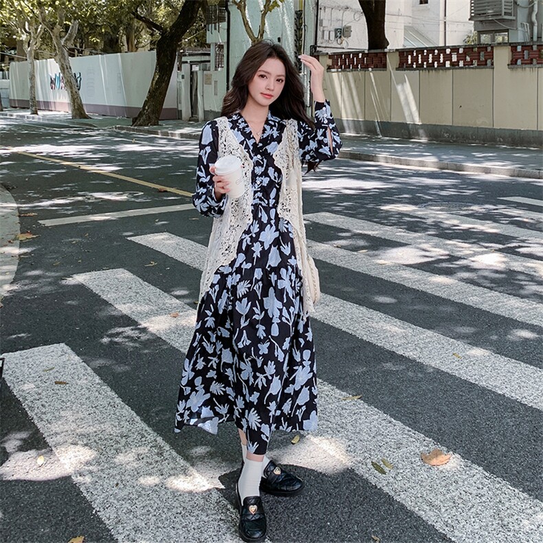 法式镂空蕾丝马甲套装裙女2025秋季新款气质超好看印花长裙两件套,女装连衣裙,2C123