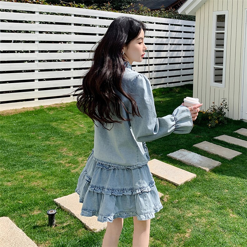 木耳边拼接减龄牛仔套装女2025年春秋季新款显瘦上衣半身裙两件套,女装套装/套裙,2D148