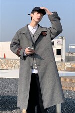 人字纹长款过膝大衣男FY706P128控158，男装风衣，星座517A-1