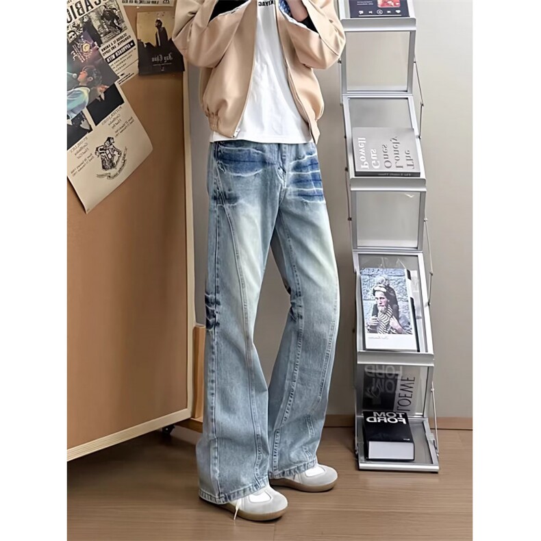 斜切牛仔裤男女微喇裤子修身直筒痞帅做旧水洗长裤HA554P44,男装牛仔裤,星座1112-1