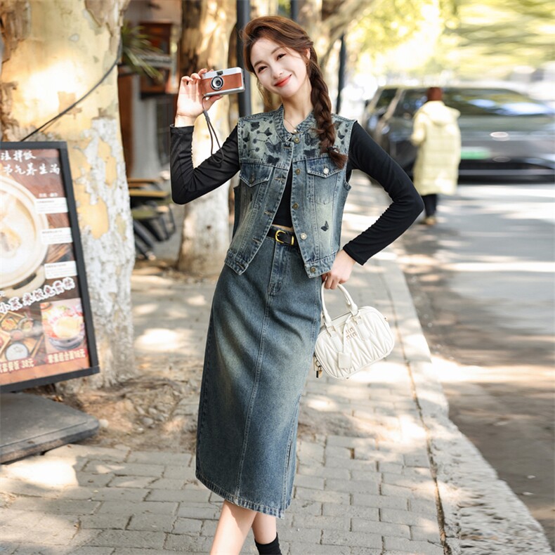 欧货高级刺绣牛仔马甲半身裙套装2025春新款女洋气减龄气质两件套,女装套装/套裙,意芙