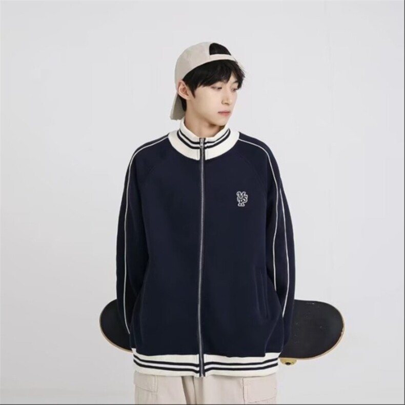 藏蓝色棒球服外套女春秋款美式复古条纹卫衣宽松休闲夹克开衫上衣,男装夹克,星座218-1（原230）