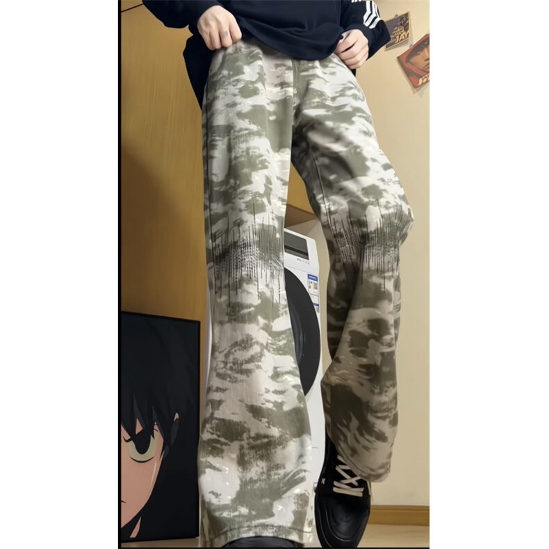 美式墨绿色刺绣迷彩牛仔裤24新款高腰休闲直筒阔腿长裤GJ395P50,男装牛仔裤,电商D256-1(原A064-1)
