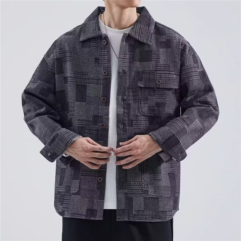 色织混纺厚料 美式复古工装长袖衬衣 春秋款外穿打底痞帅牛仔外套图片