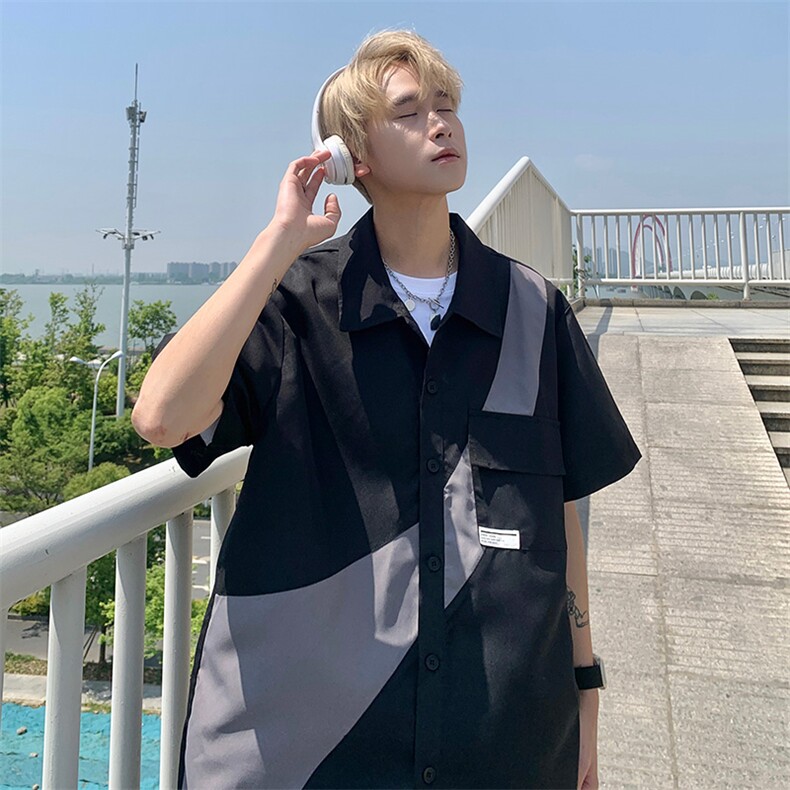 货足7XL-M美式拼接垂感短袖衬衫男夏季新款胖子宽松衬衣加肥加大，男装衬衫，钱塘717(原712)