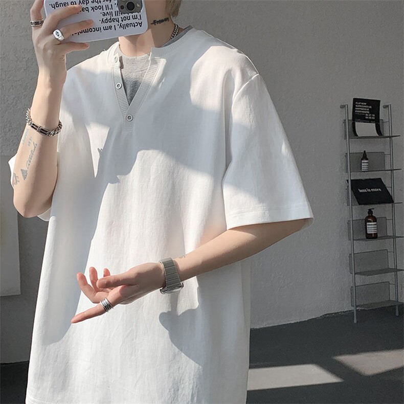 现货T10132-特批33控65夏季新款假两件曼巴棉大码撞色T恤,男装T恤,电商A059