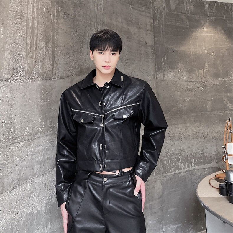 2022黑色短款PU皮衣夹克外套男质感秋季新款潮流A345-228-P150,男装夹克,电商A345