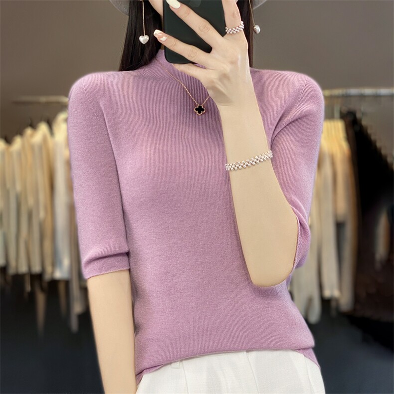 无缝精纺修身短袖立领紧身弹力t恤女2025秋季针织打底衫毛衣内搭,针织衫/毛衣,暖烁羊绒