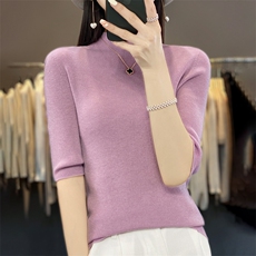 无缝精纺修身短袖立领紧身弹力t恤女2025秋季针织打底衫毛衣内搭，女装针织衫/毛衣，暖烁羊绒