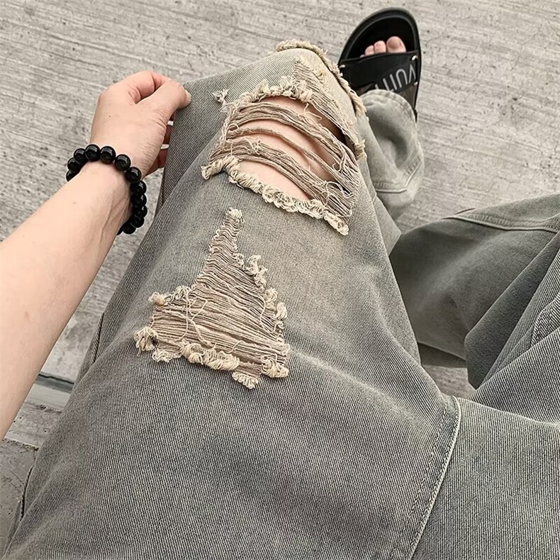 高街做旧废土色破洞牛仔裤男女复古小众直筒乞丐长裤RK3111-P42,男装牛仔裤,星座412-1