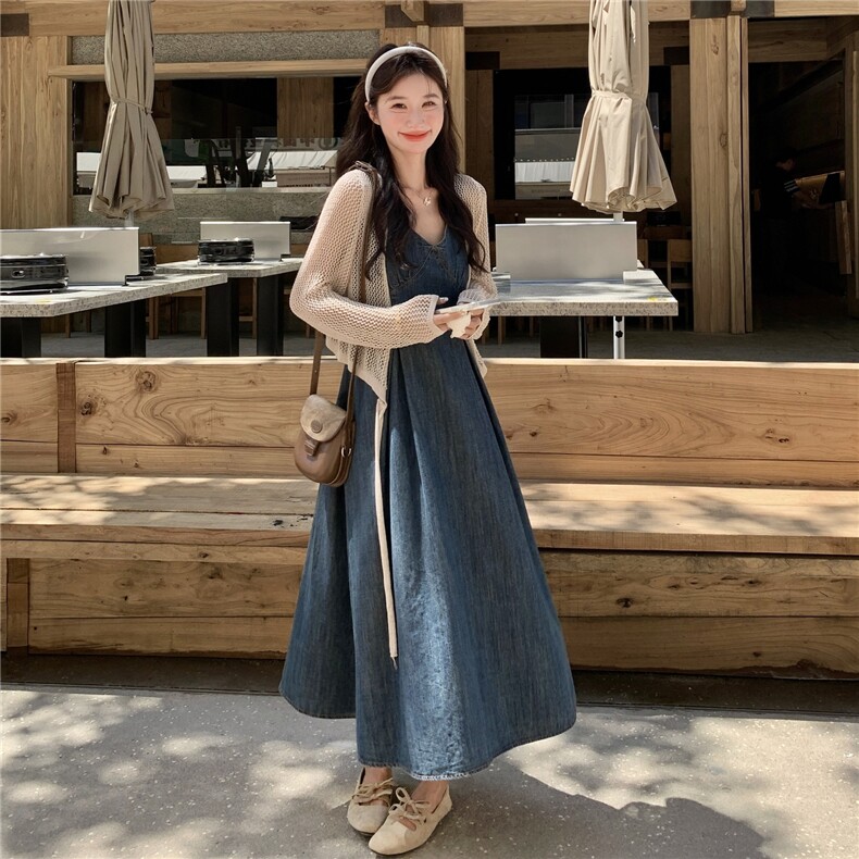 法式复古牛仔吊带连衣裙套装女2025秋季度假风针织开衫长裙两件套,女装连衣裙,2C166
