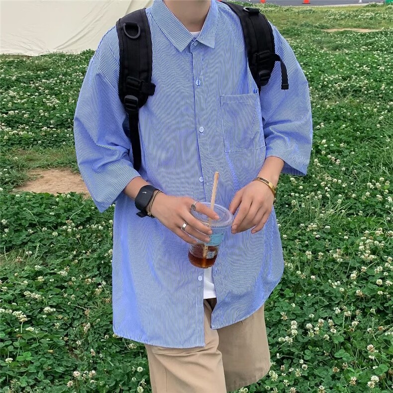 夏季文艺格子五分袖气质百搭潮流男标准青春流行拼色衬衫图片