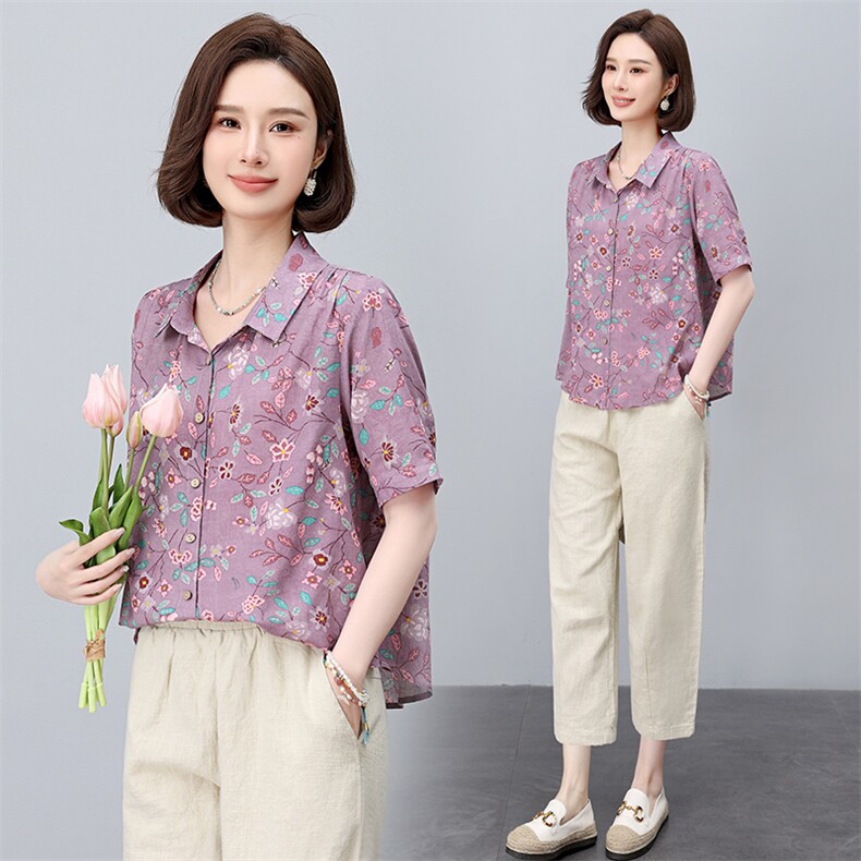 时尚印花衬衫棉麻套装女2025夏季新款中年妈妈洋气减龄亚麻两件套,女装套装/套裙,依恋蒂丝