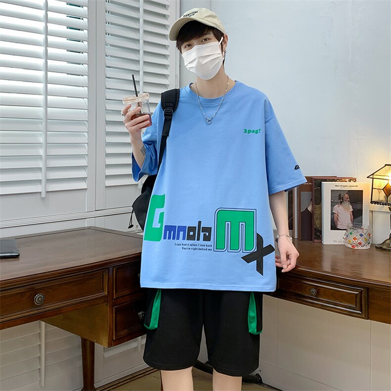 高品质夏季短袖T恤工装裤短裤套装港风纯棉宽松男装DF320TP65,男装休闲套装,电商A086