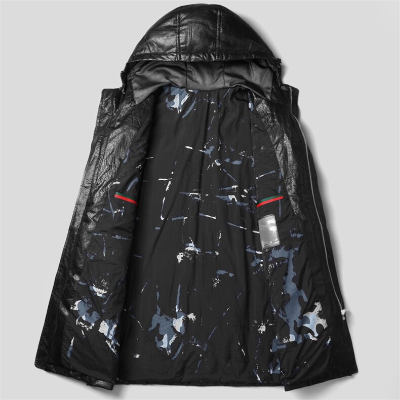 W21126海宁皮衣男头层牛皮白鸭绒羽绒服连帽皮风衣冬P800图片