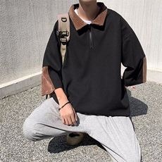 落肩袖日常潮宽松型夏季七分袖短袖翻领拼色华夫格青少年常规纯色，男装T恤，星座506A