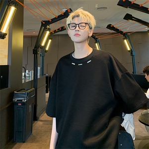 抖音得物品质二开240克宽松纯棉美式高街痞帅潮牌金属装饰短袖T恤图片