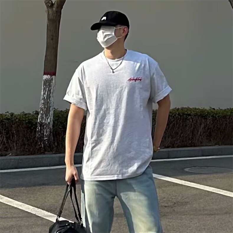 万针全刺绣工艺抖音得物高品质260克重磅纯棉双纱美式高街短袖T恤,男装T恤,电商A486