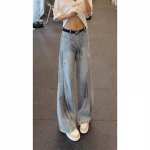 浅蓝色弯刀破洞牛仔裤男夏薄款美式高街复古裤子高个子直筒微喇裤图片