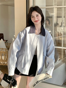 26春装新款蓝色小清新学院风可脱卸领子夹克外套女图片