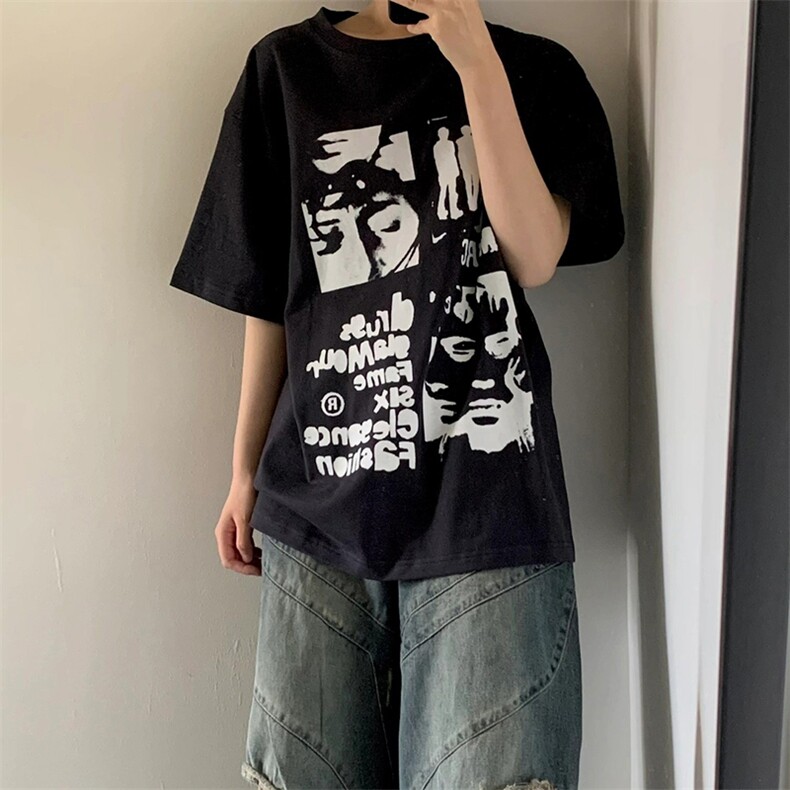 T554-P25 美式复古人像卡通纯棉短袖 潮风男女款上衣图片