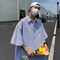 条纹短袖衬衫男女夏季cityboy百搭翻领衬衣薄款休闲外套-CC110，男装衬衫，星座601-2