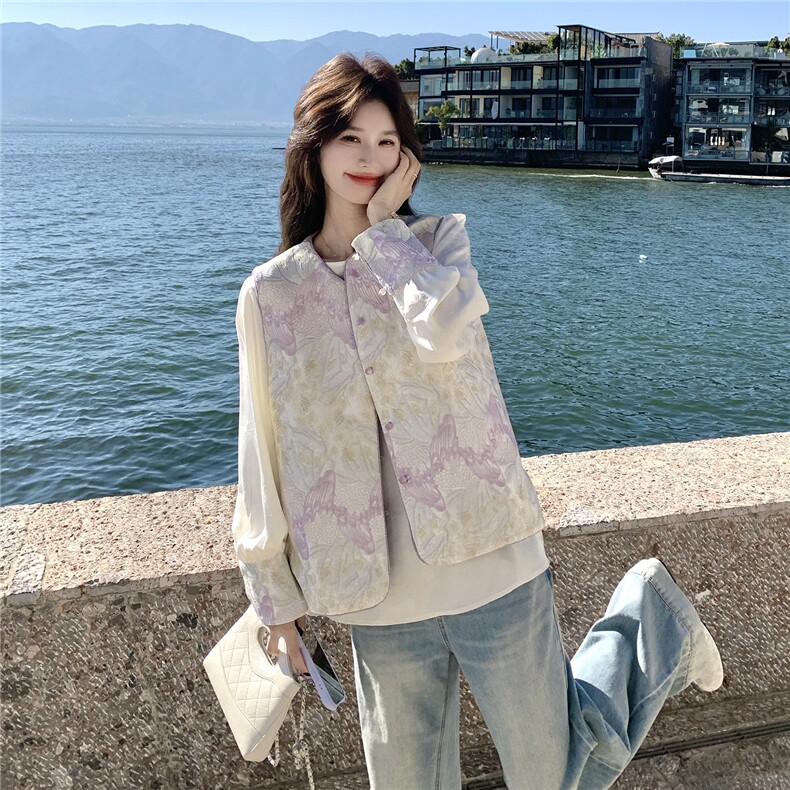紫色高级感撞色刺绣风马甲小衫套装两件套女早春秋两面穿马夹,女装短外套,艾米莉亚