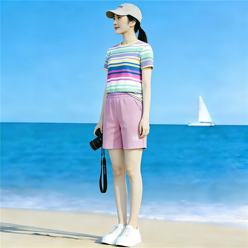 学院风网红运动套装女夏新款圆领彩虹条纹短袖上衣阔腿短裤两件套,女装套装/套裙,江南