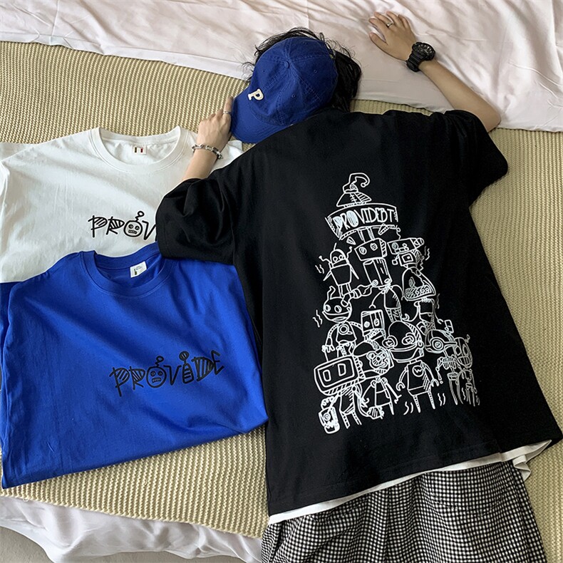 2024新款大码卡通机器人印花T恤宽松短袖情侣装A071-5513-P28,男装T恤,电商A071