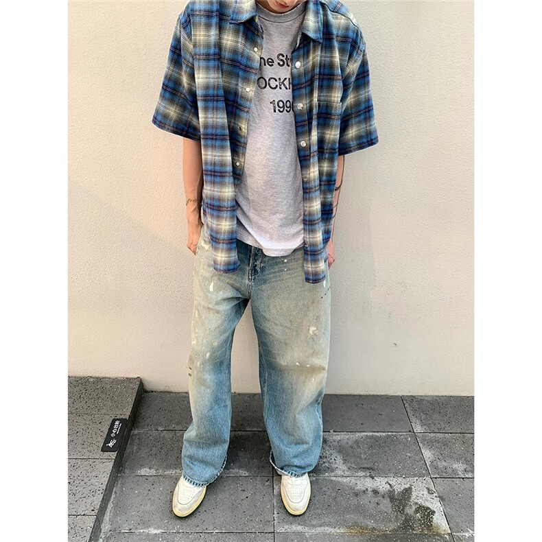 美式复古慵懒格子情侣衬衫男女夏季短袖宽松休闲外套CDA01-P34,男装T恤,星座208-5