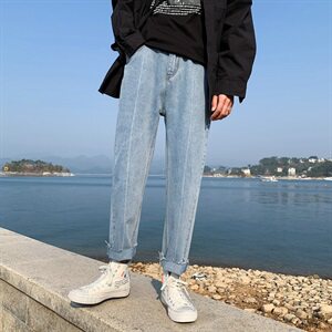 简约九分牛仔裤男宽松直筒裤男韩版百搭休闲裤DS687T图片