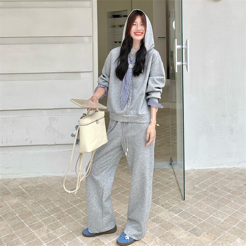 可拆卸连帽卫衣套装女2025春秋新款韩系小个子格子拼接卫裤两件套,女装套装/套裙,2C317A