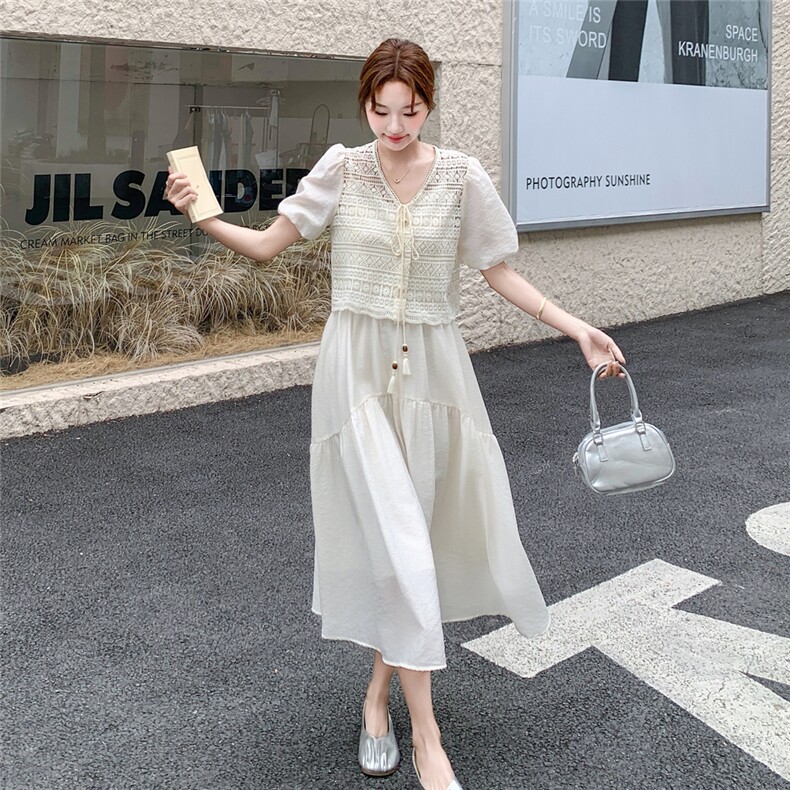 温柔风气质一整套穿搭女2026夏新款蕾丝钩花泡泡袖上衣吊带裙套装,女装套装/套裙,霓裳依族
