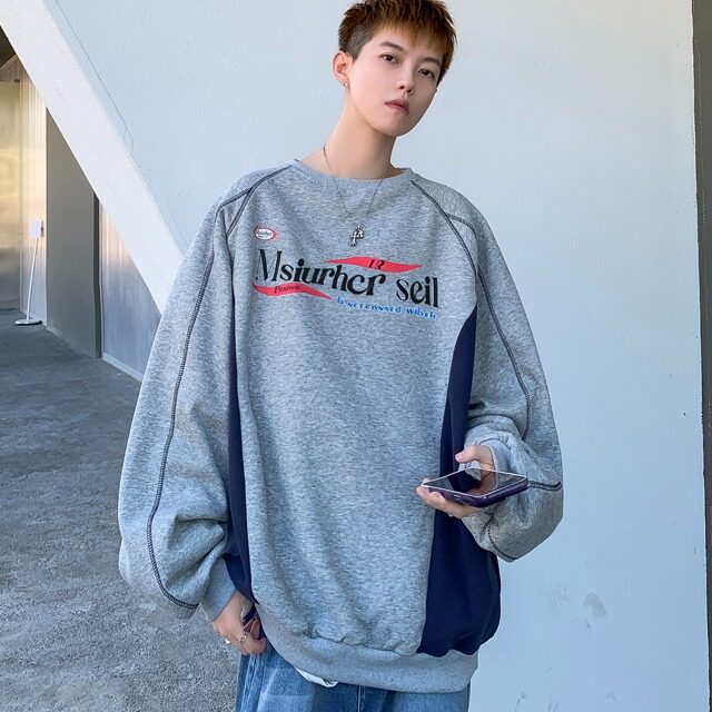 秋季美式小众情侣上衣oversize复古印花撞色圆领卫衣HW120P42,男装卫衣,星座1116-2