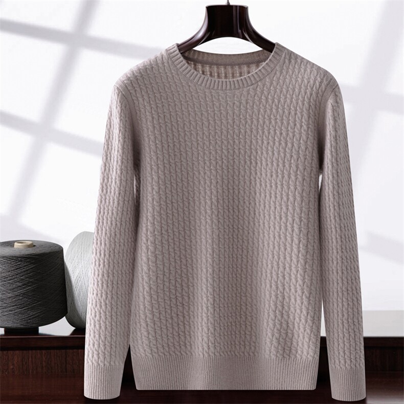 2025秋冬百搭时尚简约圆领小麻花针织羊绒衫，男装羊绒套衫，晨晟羊绒