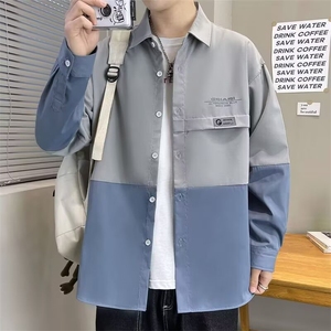 2026春季拼接撞色长袖衬衫男韩版潮流印花青少年学生翻领衬衣上衣图片