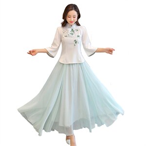 新中式女士汉服民国女学生旗袍上衣雪纺半身裙茶艺服旗袍，女装连衣裙，芷墨服饰