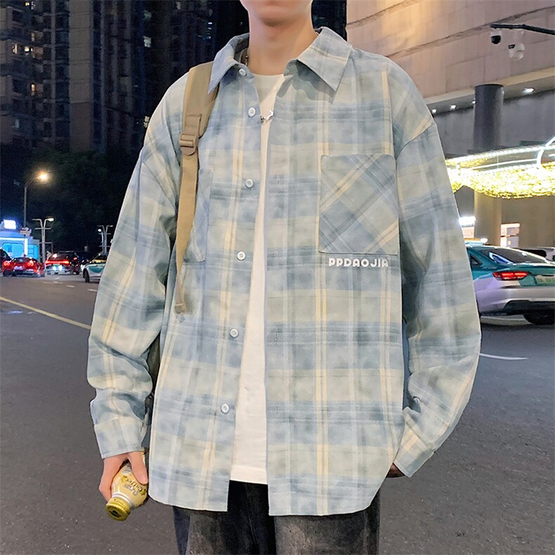 特批P43无差价秋季新款港风高街字母印花休闲格子衬衫外套男C2503,男装衬衫,电商A001-1