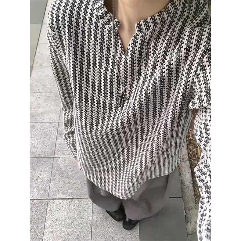 美式高街千鸟格子长袖T恤男女亨利V领英伦雅痞休闲宽松长袖打底衫,男装T恤,电商A486